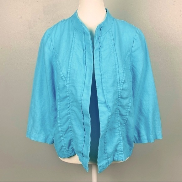 Chico’s 100% linen aqua 3/4 sleeve open front jacket, size 1 (medium). - Picture 1 of 8